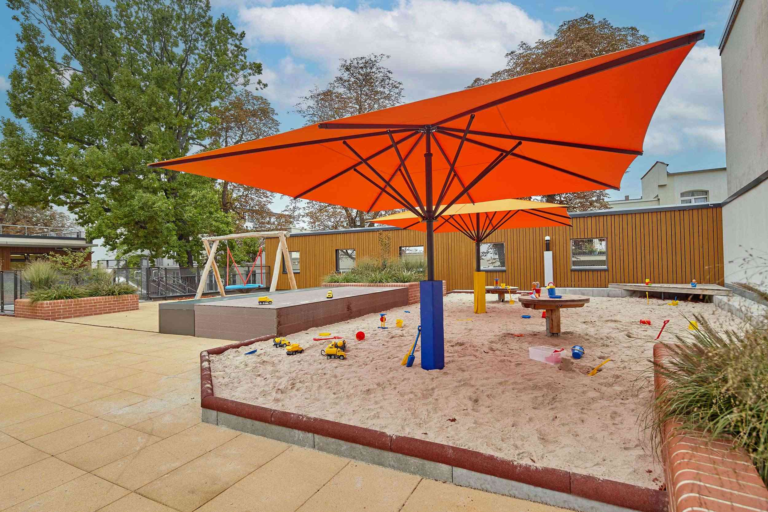 Außenbereich mit großem Sandkasten im Kinderzentrum Rohmerplatz B